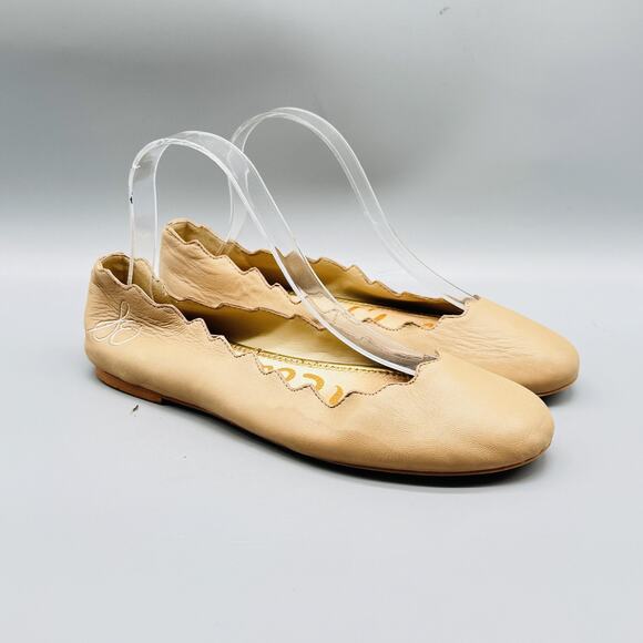 Sam Edelman Shoes Women 9 Beige Leather Scalloped Ballet Flats Slip On Round Toe - Picture 2 of 11